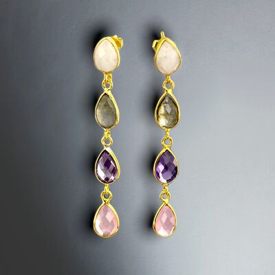 Multi Gemstone Earrings with Amethyst, Moonstone, Rose Chalcedony and Labradorite - 925 Gold Plated Jewelry - OHR925-107