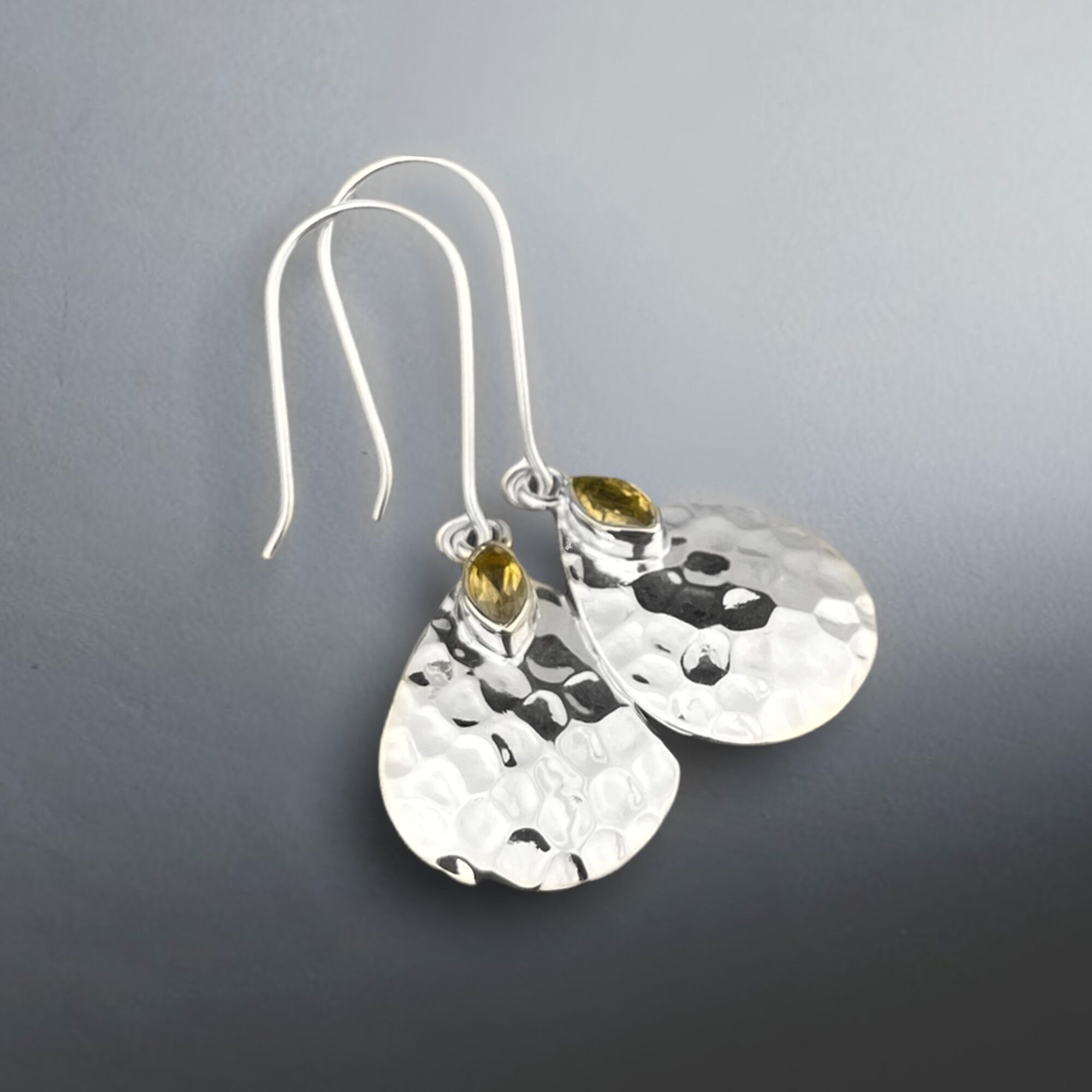 Orecchini Pietre Preziose Con Citrino - Orecchini Pendenti Martellati Argento 925 - PR082