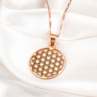 Flower of Life Pendant - 925 Sterling Rose Gold Plated Necklace - K925-34 - Short Chain 50cm