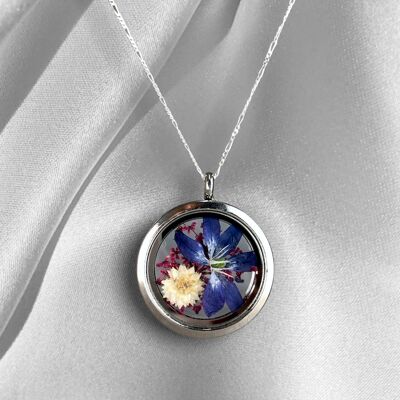 Sternblüte & Chrysantheme & Dillblüte 925 Sterling Silber Medaillonkette - K925-125