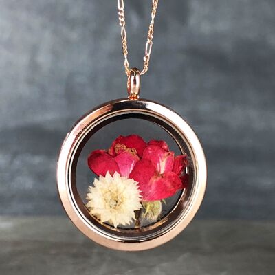 Collier médaillon plaqué or rose véritable rose et chrysanthème 925 - K925-127