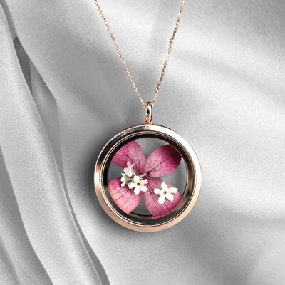Hydrangea and Forget-Me-Nots 925 Sterling Rose Gold Plated Locket Necklace