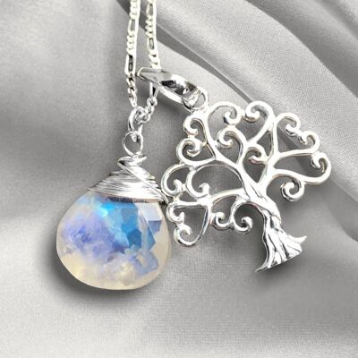 Collana con pietre preziose in argento sterling 925 "Albero della vita e pietra di luna" - K925-45