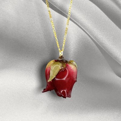 925 Sterling Silver Gold Plated Necklace "Real Red Rose" - PR052