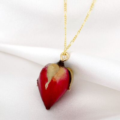 Real Red Rosebud - 925 Sterling Gold Plated Necklace - PR065 - Short Chain 50cm - 925 Sterling Gold Plated