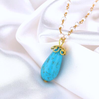 Collar de piedras preciosas con turquesa y perla de agua dulce VIK-47 - Collar 60cm