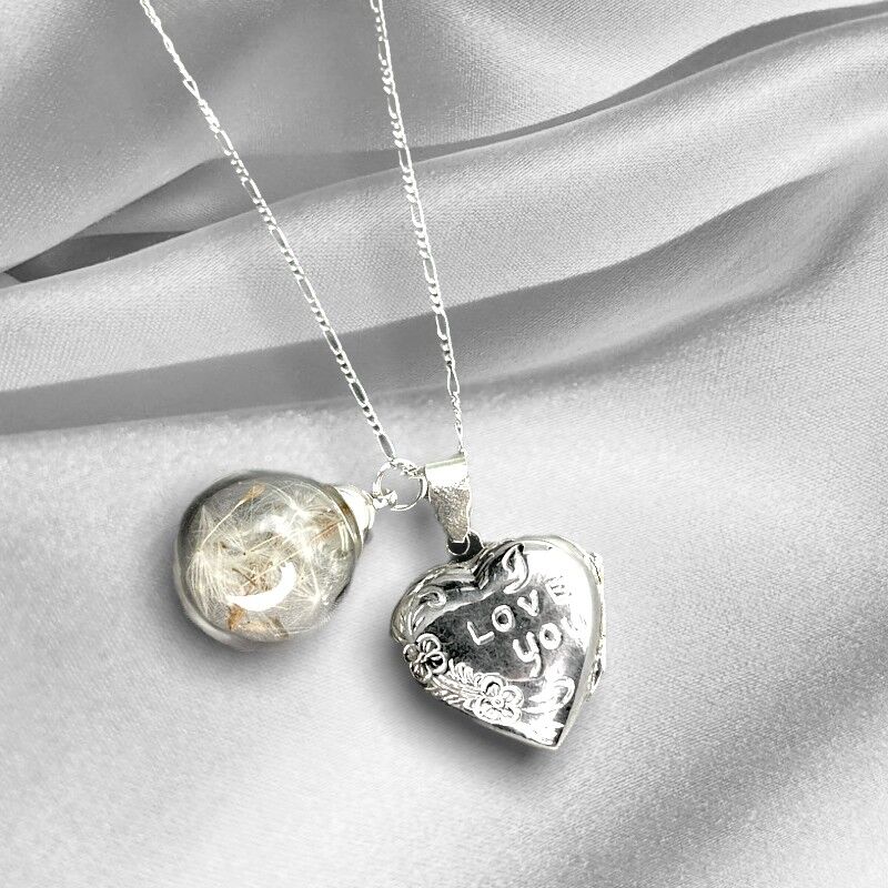 Collana in argento 925 vero dente di leone con medaglione cuore "Ti amo" - K925-101