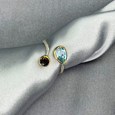 Bague en pierres précieuses aigue-marine et quartz fumé - Argent sterling 925 - RG925-43