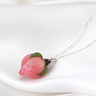 Ciondolo in vera rosa rosa - Collana in argento sterling 925 - Gioielli naturali - K925-40 - Catena corta 50 cm