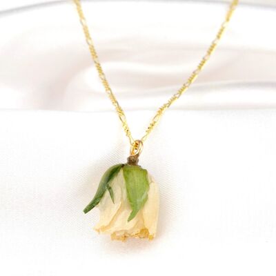 Real Rose Pendant - Cream White - 925 Sterling Gold Plated Necklace - K925-36 - Short Chain 50cm