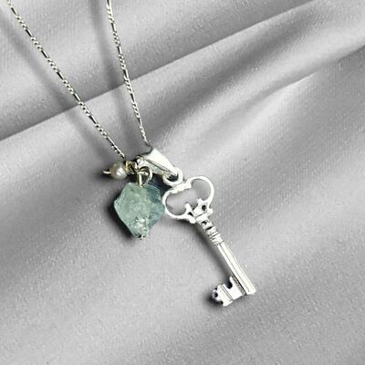 925 Necklace "Key & Aquamarine & Freshwater Pearl - PR036