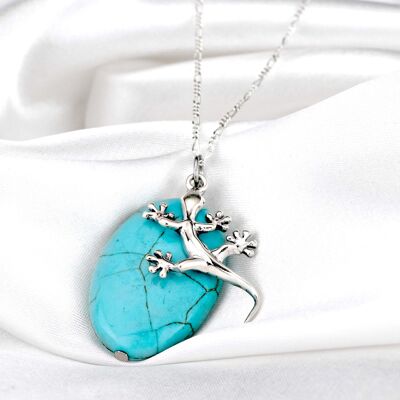 925 Salamander & Turquoise Sterling Silver Gemstone Necklace - K925-135 - Short Chain 50cm
