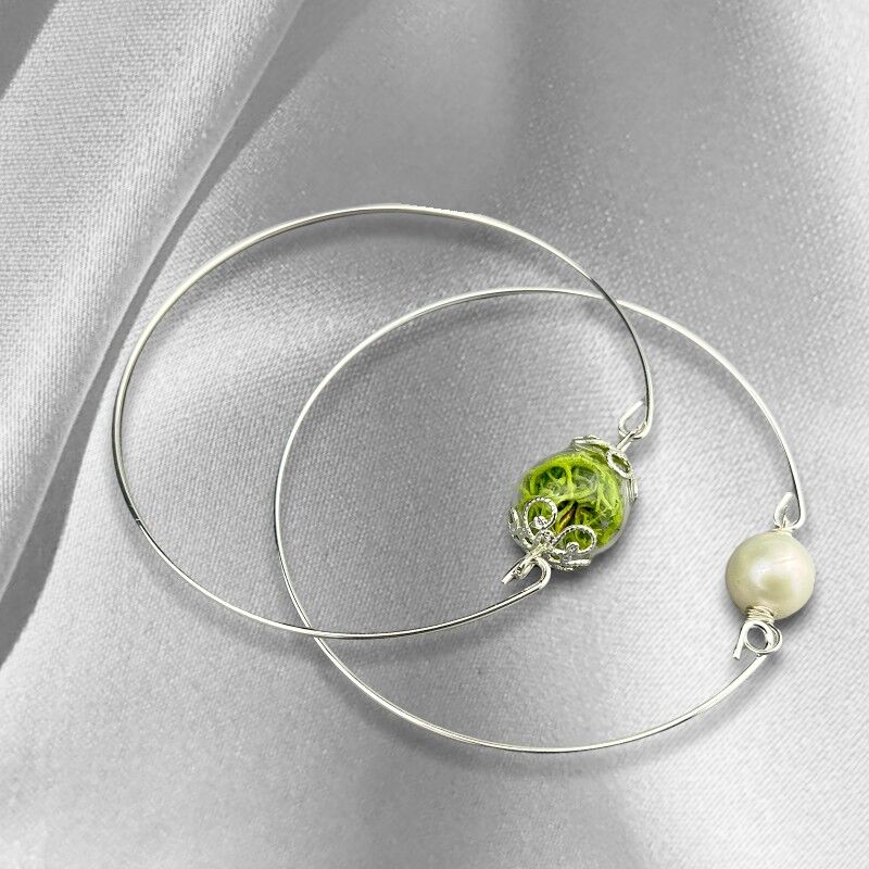 Reindeer Moss & Genuine Freshwater Pearl Bangles in a Twin Pack - Silver Plated - Handmade- RETARM-12
