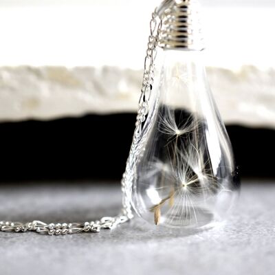 Collana con ciondolo a goccia con semi di tarassaco - Catena minimalista botanica in argento sterling 925 - K925-22