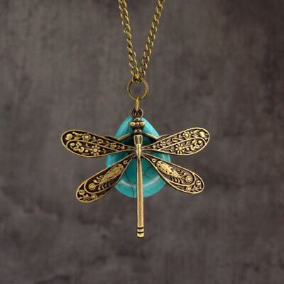 Cadena colgante de libélula de lágrima turquesa - collar de piedras preciosas azules de libélula de bronce - VIK-124