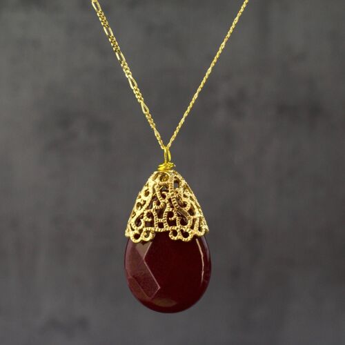 Jade Tropfen Gold Kette 925 Sterling Vergoldete Kristall Rote Edelstein Orientalische Halskette - K925-82