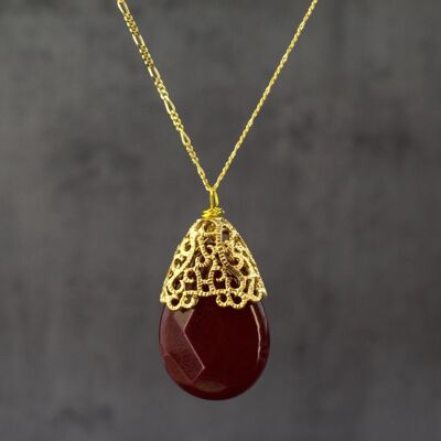 Collana orientale con pietre preziose rosse di cristallo placcate in oro sterling 925 con catena a goccia di giada - K925-82