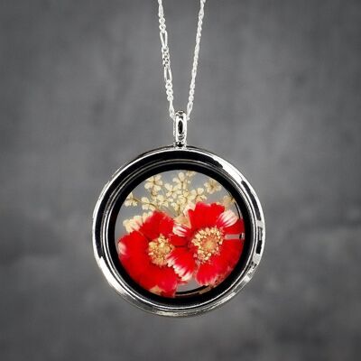 Dried Flower Chrysanthemum Dill Flower Locket Necklace - 925 Sterling Silver Plant Jewelry - K925-48