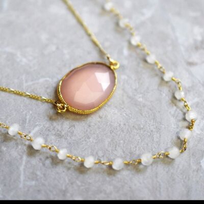 Conjunto de joyería de piedra lunar de cuarzo rosa - 925 chapado en oro - Conjunto de collar de piedras preciosas - PR035