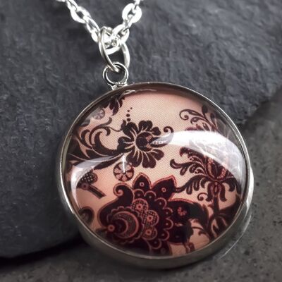 Flowery Glass Pendant - Silver Plated Violet Floral Shabby Flower Necklace - VIK-28