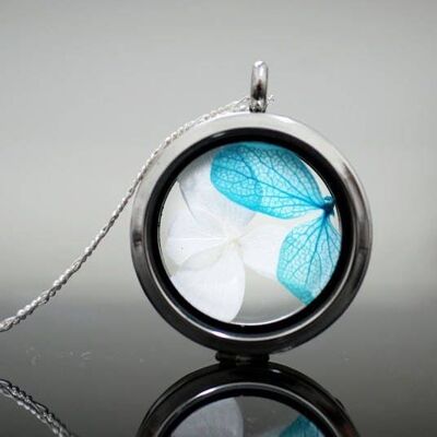 Collier pendentif médaillon feuilles d'hortensia - collier de fleurs véritables en argent sterling 925 - K925-39
