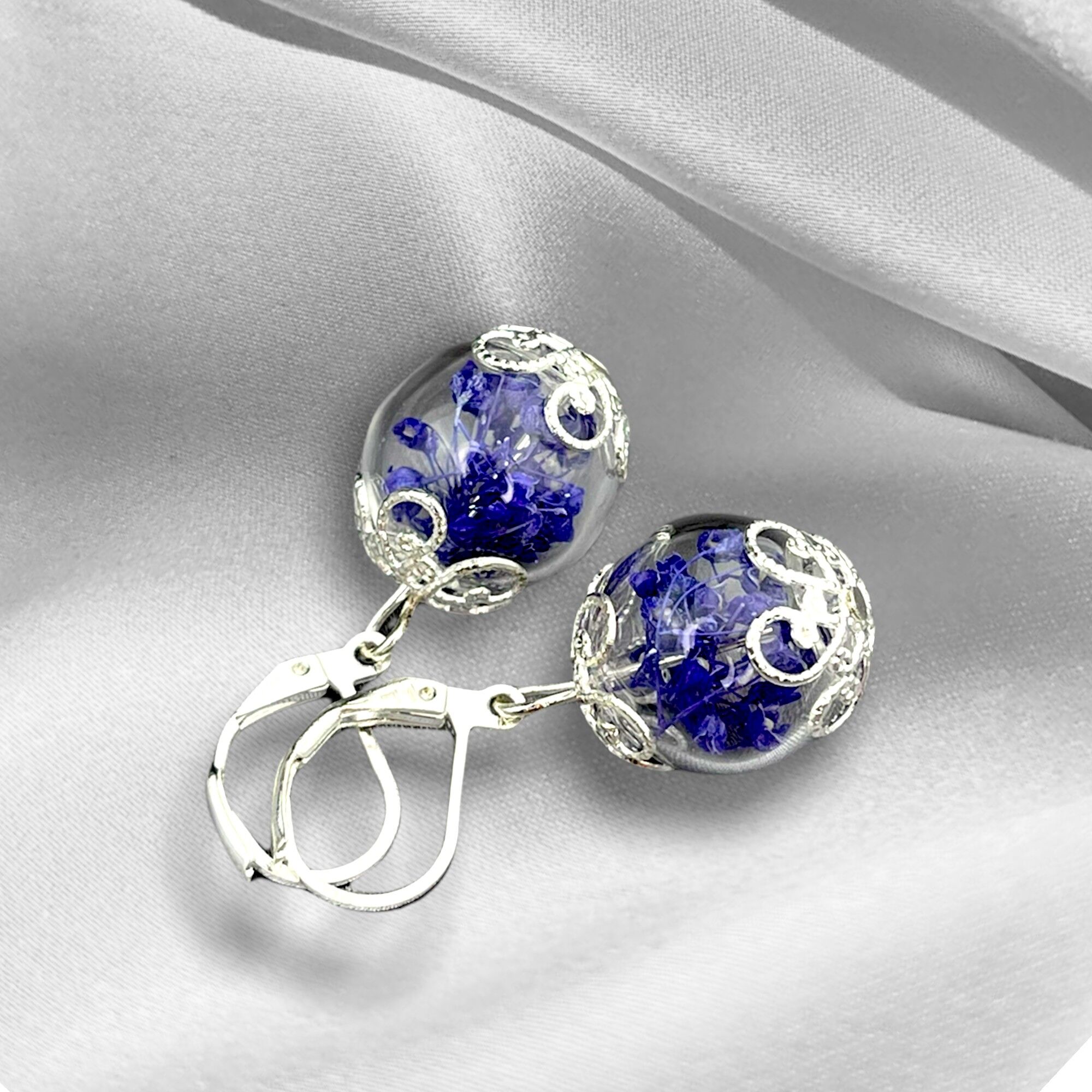 Orecchini con fiori secchi Gypsophila - Orecchini botanici in stile vintage placcati in argento - VINOHR-13