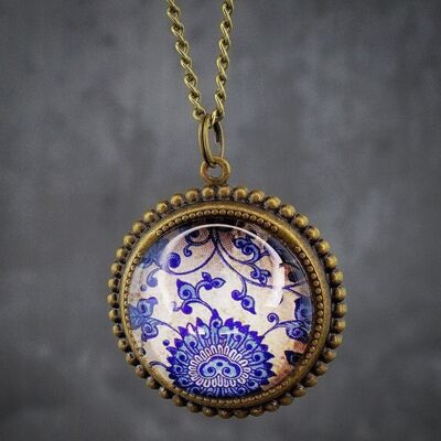 Tile Glass Pendant Necklace - Bronze Oriental Tile Playful Necklace - VIK-54