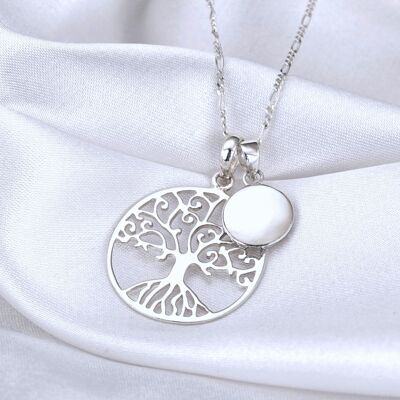 Tree of Life & Mother of Pearl 925 Silver Chain Jewelry Set - Maritime Natural Jewelry Necklace - K925-49 - Short Chain 50cm
