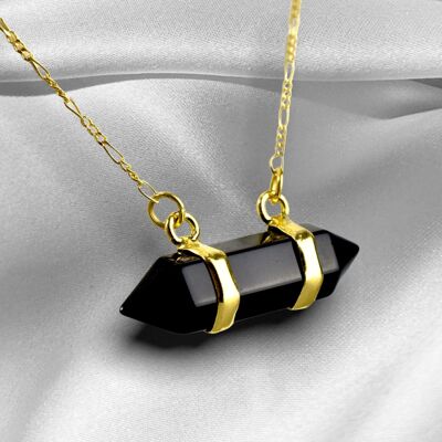 Onyx Bar Gold Pendant Chain 925 Sterling Gold Plated Gemstone Chakra Meditation Necklace - K925-68