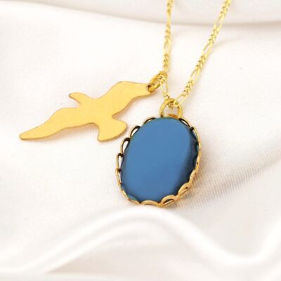 Summer Night Seagulls Pendant Necklace - 925 Sterling Gold Plated Vintage Style - K925-130 - Long Chain 70cm