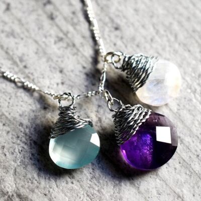 Gemstone Necklace with Aquamarine Moonstone & Amethyst - 925 Sterling Silver - K925-133