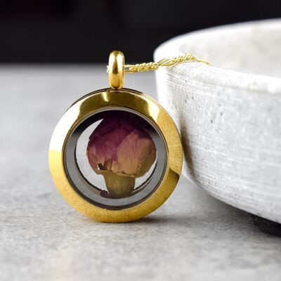 Véritable pendentif médaillon bouton de rose - Plaqué or sterling 925 - K925-157