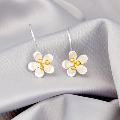 Buttercup Bicolor Earrings - 925 Sterling Silver Matte Playful 3D Elegant Flower Drop Earrings - OHR925-18