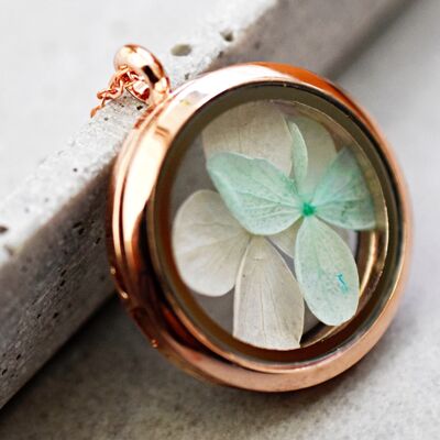 Hydrangea Blossom Locket Pendant Necklace - Rose Gold Plated - VIK-72