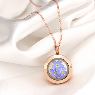Rose Gold Plated Forget Me Not Locket - 925 Sterling Gold Plated Chain with Real Flowers - K925-126
