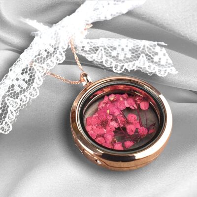 Collana medaglione "cespuglio di fiori" placcata oro rosa 925 con fiocco - K925-44
