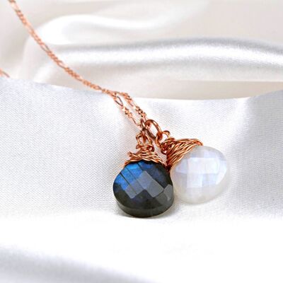 Labradorite & Moonstone Pendant Set - 925 Sterling Rose Gold Plated Necklace - K925-144 - Long Chain 70cm - 925 Sterling Gold Plated