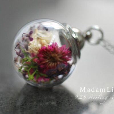 Floral Glass Ball Pendant with Real Flowers - 925 Sterling Silver Wildflower Necklace - K925-78
