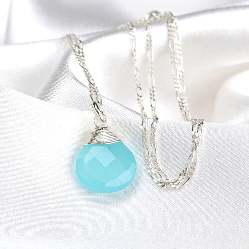 Chalcedon Edelstein Tropfen Anhänger - 925 Sterling Silber - K925-69 - Kurze Kette 50cm - 925 Sterling Silber