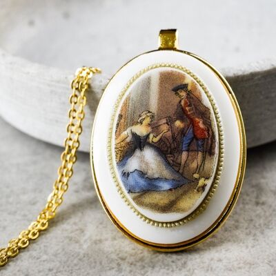 Vintage Porcelain Pendant - 70s Real Retro Gold Plated Elegant Chain - VIK-104