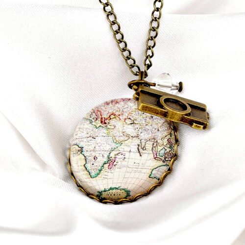 Weltkarte Globus Anhänger Kette Vintage Stil - Globetrotter Schmuck - VIK-08