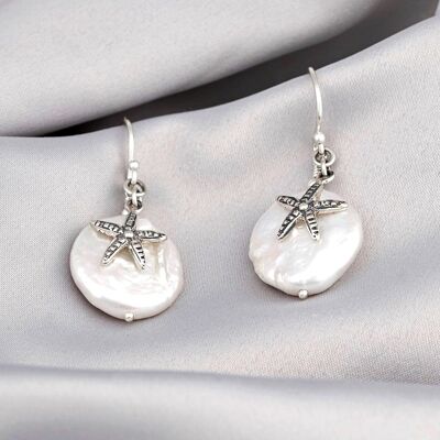 Starfish Mother of Pearl Earrings - 925 Sterling Silver - Natural Jewelery - OHR925-63