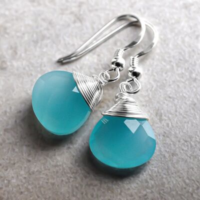 Chalcedony Drop Earrings 925 Sterling Silver Blue Crystal Gemstone Earrings - OHR925-118