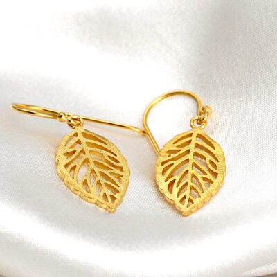 Leaf Earrings - 925 Sterling Gold Plated Botanical Drop Earrings - OHR925-14