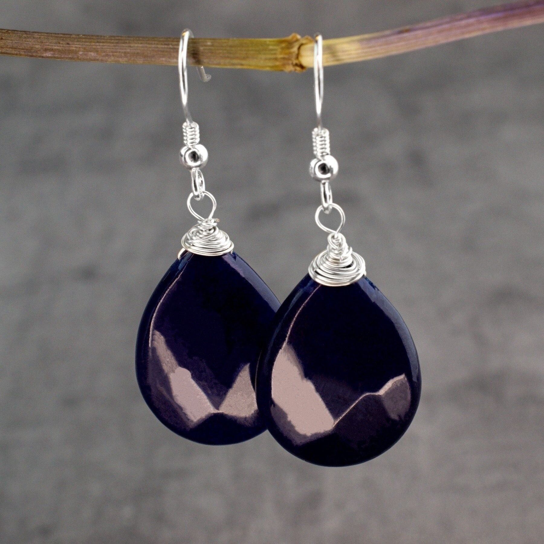 Jade Tropfen Silber Ohrringe - 925 Sterling Dunkelblaue Edelstein Elegante Ohrringe - OHR925-56