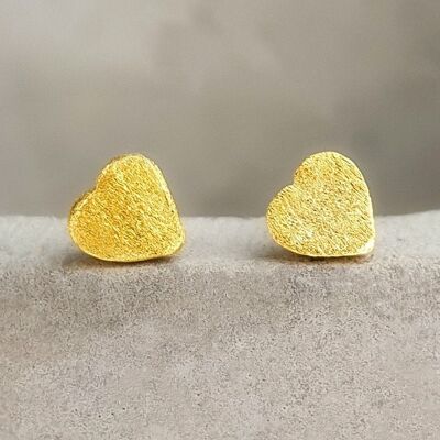 Heart Mini Stud Earrings - 925 Sterling Gold Matte Gold Plated Small Heart Studs - OHR925-134