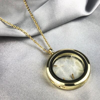 Dandelion Seed Glass Locket Necklace - Gold Plated Terrarium Botanical Jewelry - VIK-127