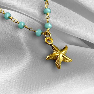 Chalcedony Starfish Gold Necklace - Gold Plated Gemstone Rondelles Maritime Chain - VIK-105