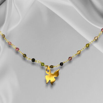 Collar de mariposa de oro con turmalina - Cadena de VIK-134 con colgante de metamorfosis degradada de piedras preciosas