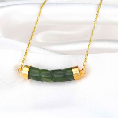 Jade Bar Gold Chain - 925 Sterling Gold Plated Crystal Green Gemstone Oriental Necklace - K925-93
